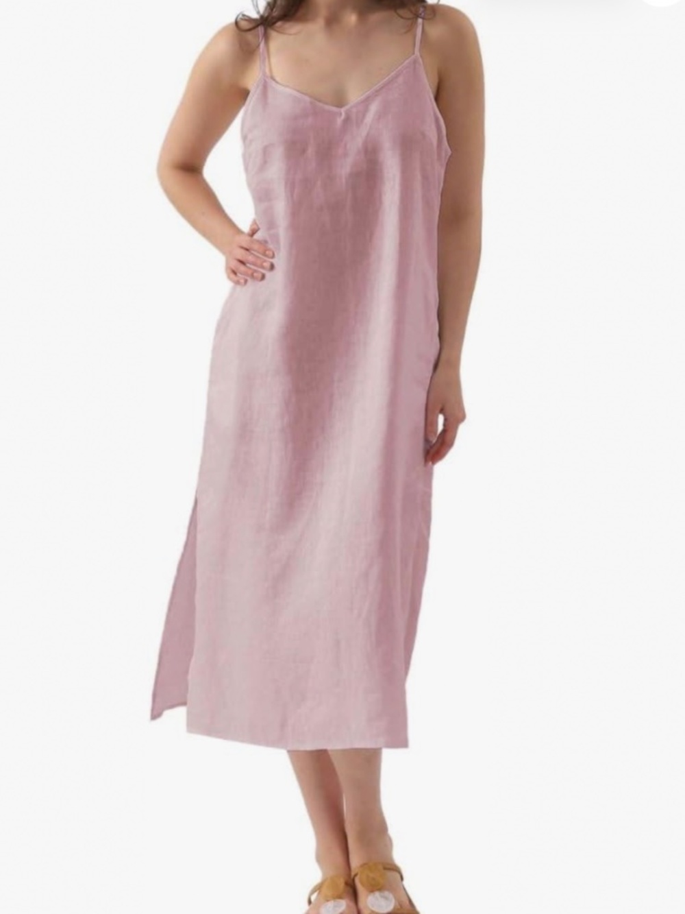Women’s Linen Spaghetti Strap Slip Midi Dress in Bliss Pink Sz L EUC $49R